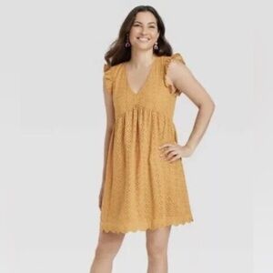 Knox Rose Women's Small, Sleeveless, Babydoll, Dress Mustard Yellow, Eyelet Lace